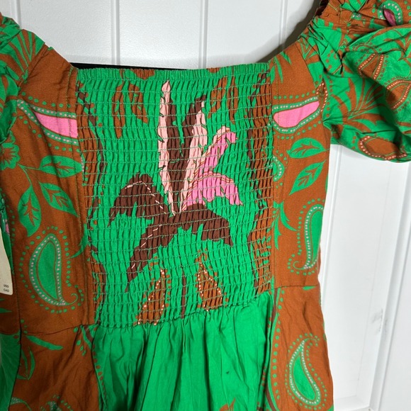 Anthropologie Maeve green puff sleeves floral sweetheart‎ midi dress 2 vacation - Picture 10 of 11